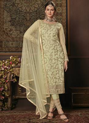 Green Embroidered Net Semi Stitched Salwar With Dupatta 1
