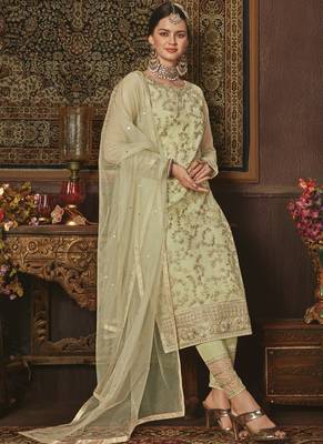 Green Embroidered Net Semi Stitched Salwar With Dupatta 2