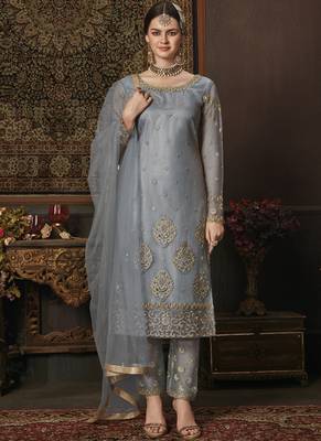 Grey Embroidered Net Semi Stitched Salwar With Dupatta 1