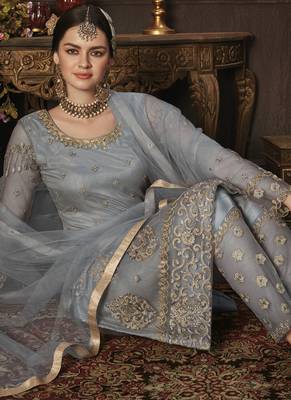 Grey Embroidered Net Semi Stitched Salwar With Dupatta 2