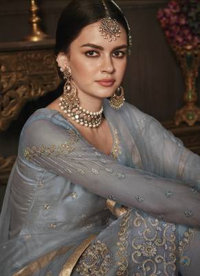 Grey Embroidered Net Semi Stitched Salwar With Dupatta 3