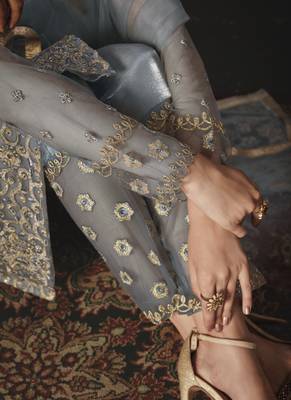 Grey Embroidered Net Semi Stitched Salwar With Dupatta 4