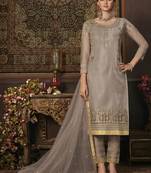 Beige Embroidered Net Semi Stitched Salwar With Dupatta