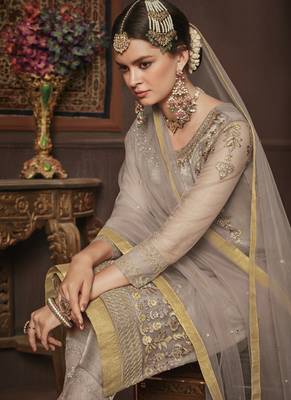 Beige Embroidered Net Semi Stitched Salwar With Dupatta 2