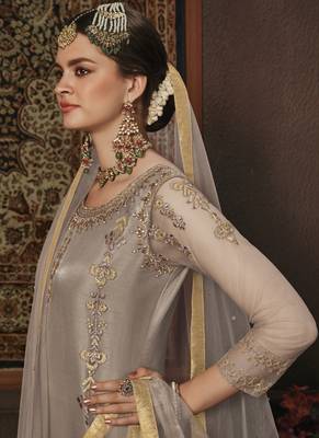 Beige Embroidered Net Semi Stitched Salwar With Dupatta 3