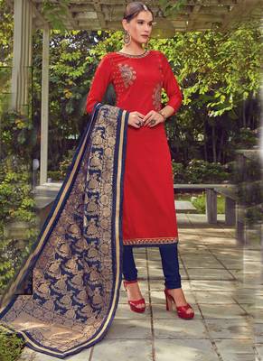 Red Embroidered Cotton Silk Semi Stitched Salwar With Dupatta 1