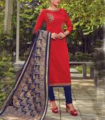 Red Embroidered Cotton Silk Semi Stitched Salwar With Dupatta
