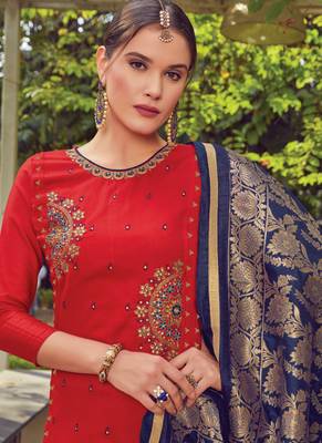 Red Embroidered Cotton Silk Semi Stitched Salwar With Dupatta 2