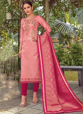 Pink Embroidered Cotton Silk Semi Stitched Salwar With Dupatta 1