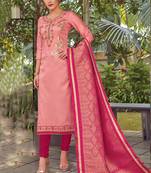 Pink Embroidered Cotton Silk Semi Stitched Salwar With Dupatta