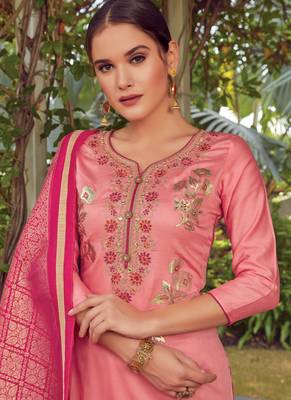 Pink Embroidered Cotton Silk Semi Stitched Salwar With Dupatta 2