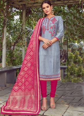 Grey Embroidered Cotton Silk Semi Stitched Salwar With Dupatta 1
