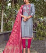 Grey Embroidered Cotton Silk Semi Stitched Salwar With Dupatta