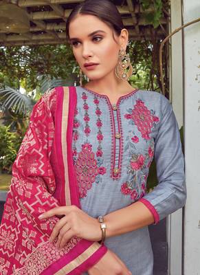 Grey Embroidered Cotton Silk Semi Stitched Salwar With Dupatta 2