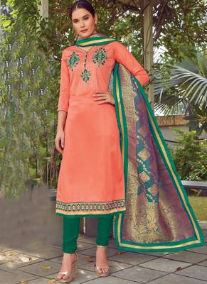 Peach Embroidered Cotton Silk Semi Stitched Salwar With Dupatta 1