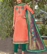 Peach Embroidered Cotton Silk Semi Stitched Salwar With Dupatta