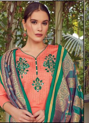 Peach Embroidered Cotton Silk Semi Stitched Salwar With Dupatta 2