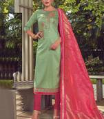 Green Embroidered Cotton Silk Semi Stitched Salwar With Dupatta