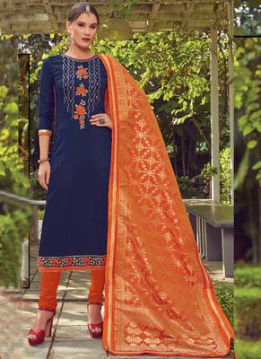 Blue Embroidered Cotton Silk Semi Stitched Salwar With Dupatta 1