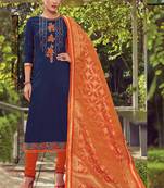 Blue Embroidered Cotton Silk Semi Stitched Salwar With Dupatta