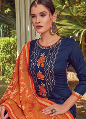 Blue Embroidered Cotton Silk Semi Stitched Salwar With Dupatta 2