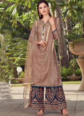 Beige Embroidered Cotton Silk Semi Stitched Salwar With Dupatta 1