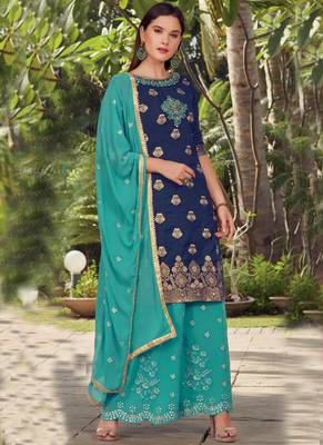 Blue Embroidered Cotton Silk Semi Stitched Salwar With Dupatta 1