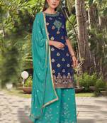 Blue Embroidered Cotton Silk Semi Stitched Salwar With Dupatta