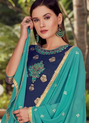 Blue Embroidered Cotton Silk Semi Stitched Salwar With Dupatta 2