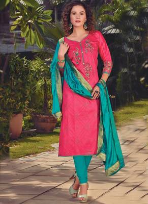 Magenta Embroidered Satin Semi Stitched Salwar With Dupatta 1