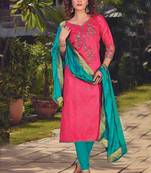 Magenta Embroidered Satin Semi Stitched Salwar With Dupatta