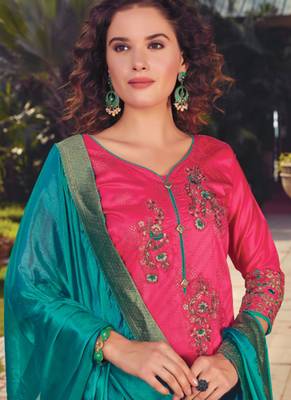 Magenta Embroidered Satin Semi Stitched Salwar With Dupatta 2