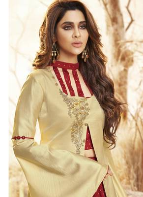 Cream Satin Embroidered Pakistani Kurtis 2