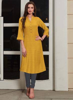 Mustard Rayon Woven Silk Kurtis 1