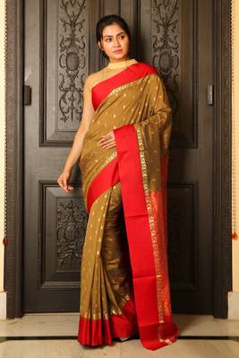 Dark yellow woven silk blend saree with blouse 1
