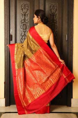 Dark yellow woven silk blend saree with blouse 2