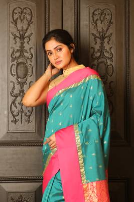Turquoise woven silk blend saree with blouse 3