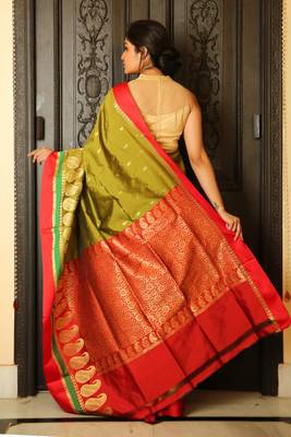 Olive woven silk blend saree with blouse 2