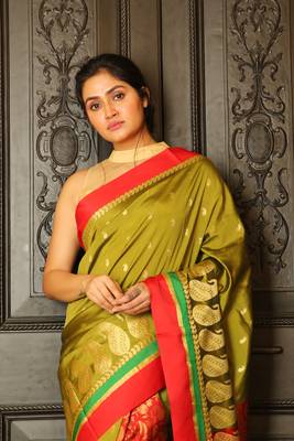 Olive woven silk blend saree with blouse 3