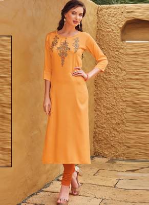 Light Orange Rayon Embroidered Embroidered Kurtis 1