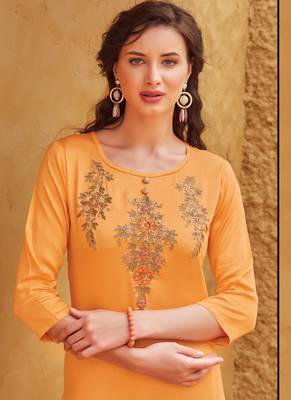 Light Orange Rayon Embroidered Embroidered Kurtis 2