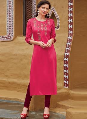 Rani Pink Rayon Embroidered Embroidered Kurtis 1
