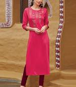 Rani Pink Rayon Embroidered Embroidered Kurtis