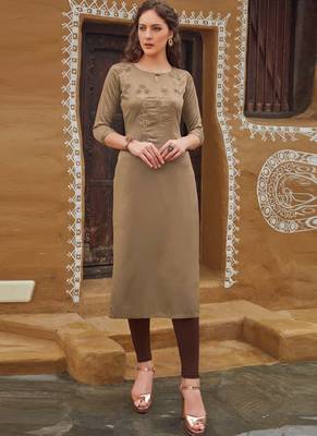 Beige Rayon Embroidered Embroidered Kurtis 1