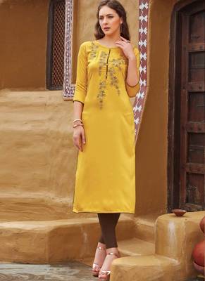Yellow Rayon Embroidered Embroidered Kurtis 1