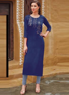 Blue Rayon Embroidered Embroidered Kurtis 1