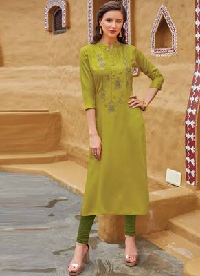 Olive Rayon Embroidered Embroidered Kurtis 1