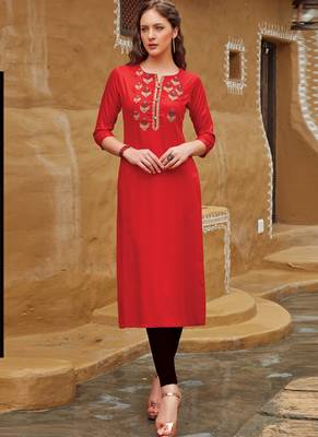 Red Rayon Embroidered Embroidered Kurtis 1