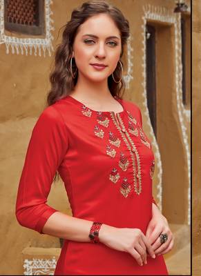 Red Rayon Embroidered Embroidered Kurtis 2