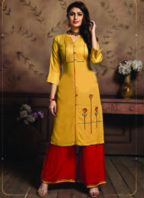 Yellow Rayon Embroidered Kurtas And Kurtis 1